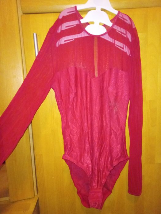 Body dama roșu  cu mâneci transparente