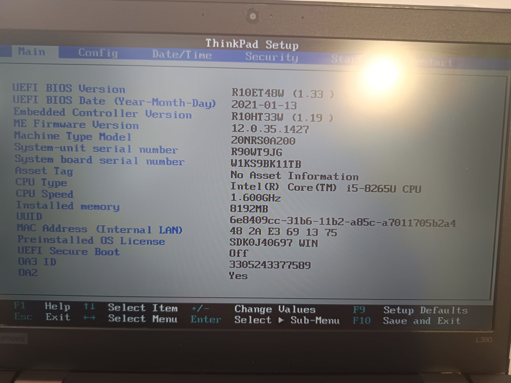 Lenovo ThinkPad L390 IntelCore i5-8265/8GB/128GB SSD/13.3inch/win10