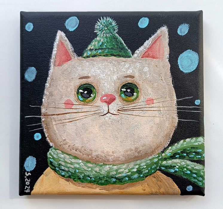 Картина с котом, живопись акрилом. 20 х 20 см
