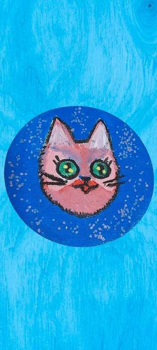 Mini tablou pictat manual, pisicuta roz cu sclipici (10 cm)