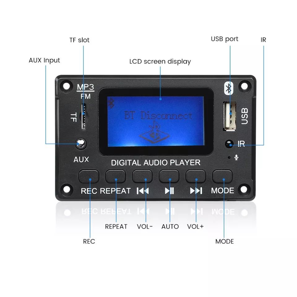 МП 3 плеър, 12V AIYIMA за вграждане, Bluetooth 5.0 Led, папки, Tf, USB