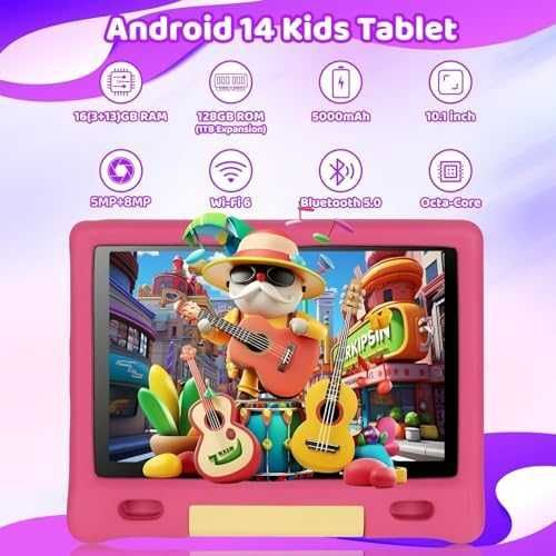 Нов Детски таблет 10" Android 14, Octa Core, 16GB RAM, 128GB, розов