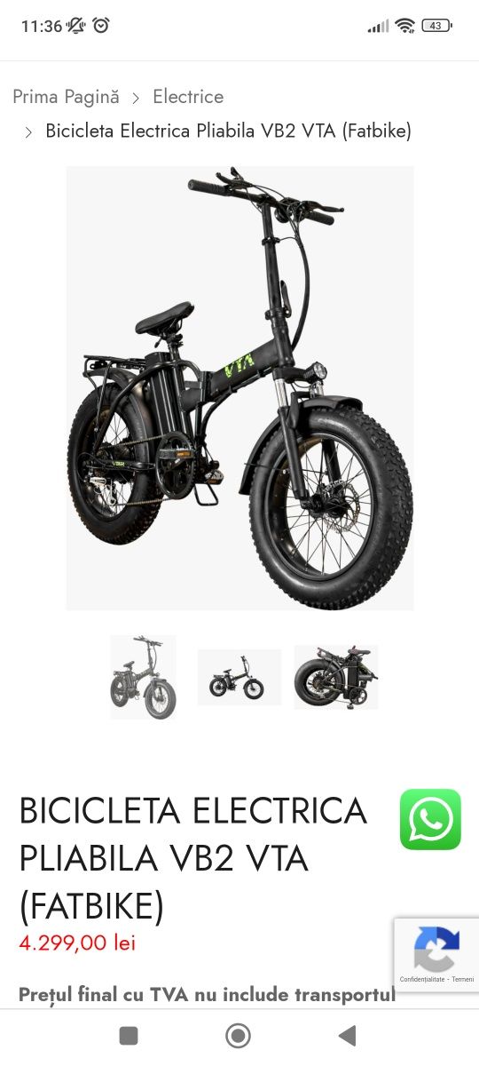 Bicicleta electrica pliabilă Volta Vb2(fat bike)