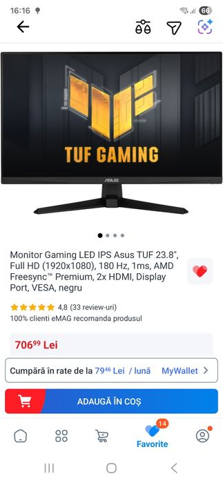 Monitor Gaming Asus Nou sigilat/garantie