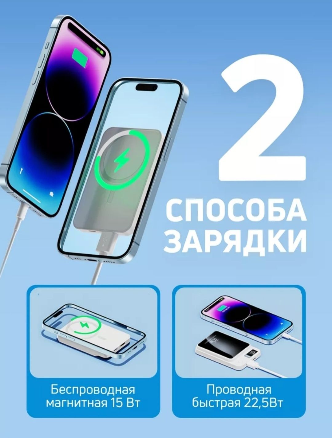 Power Bank для iPhone. Беспроводная и проводная зарядка 10.000 мА/ч