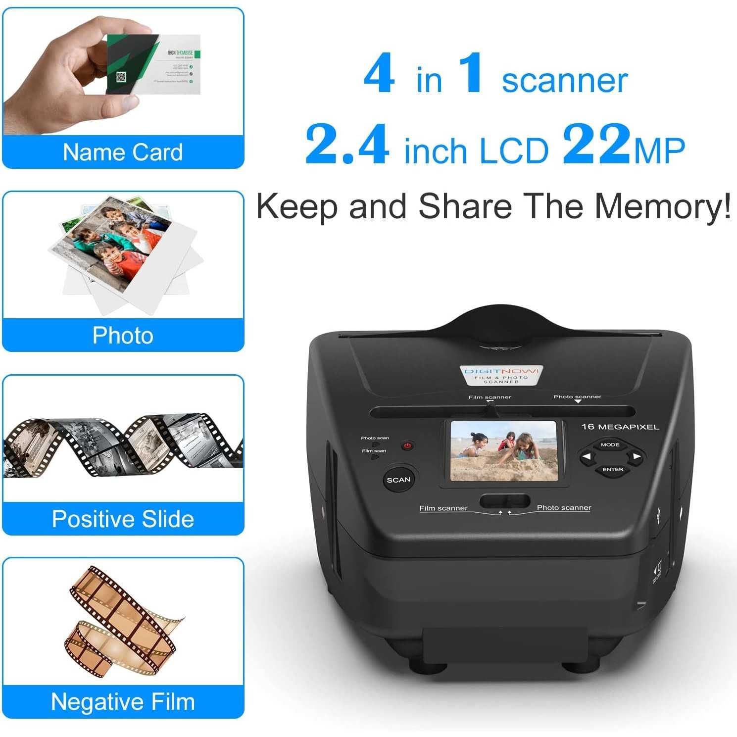 Scanner de film, diapozitive si poze, cu afisaj LCD de 2.4 inch, 16 MP