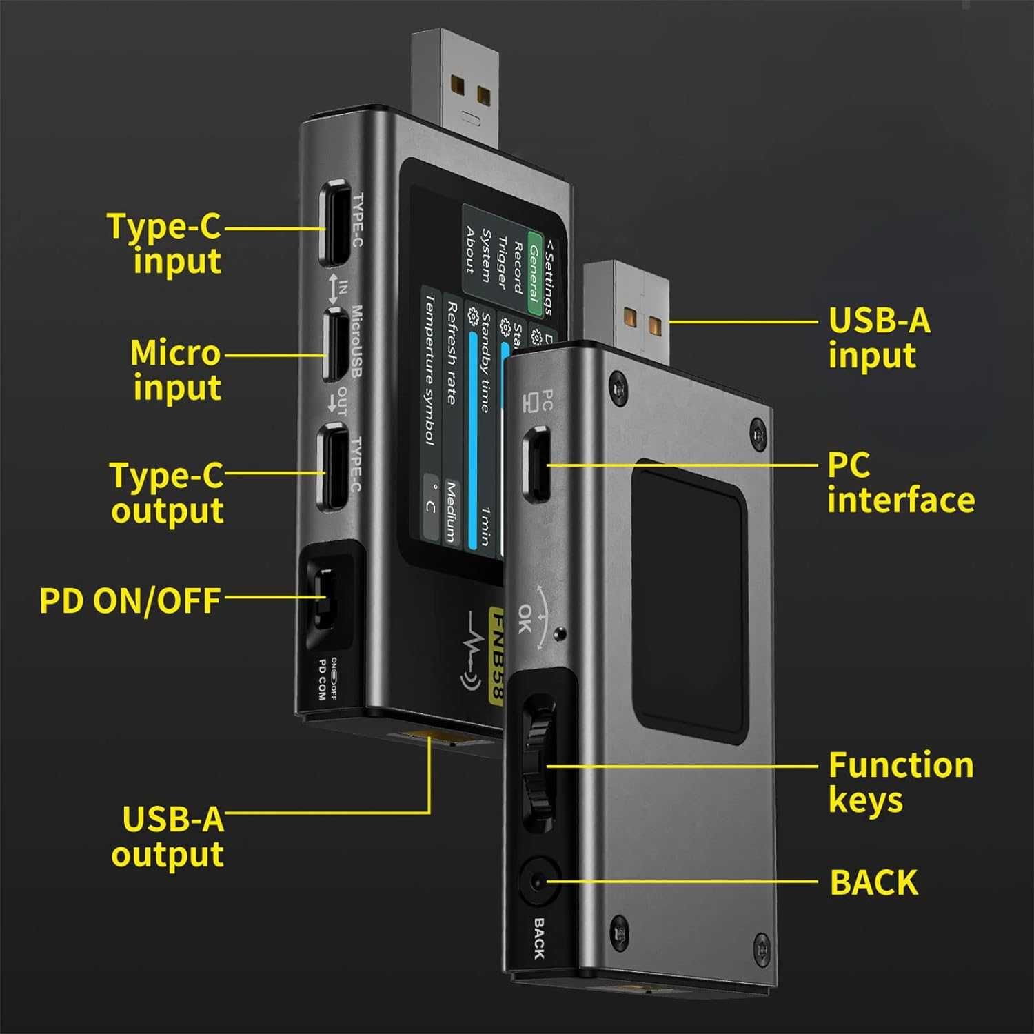 USB тестер FNIRSI FNB58 Измерване на напрежение и ток