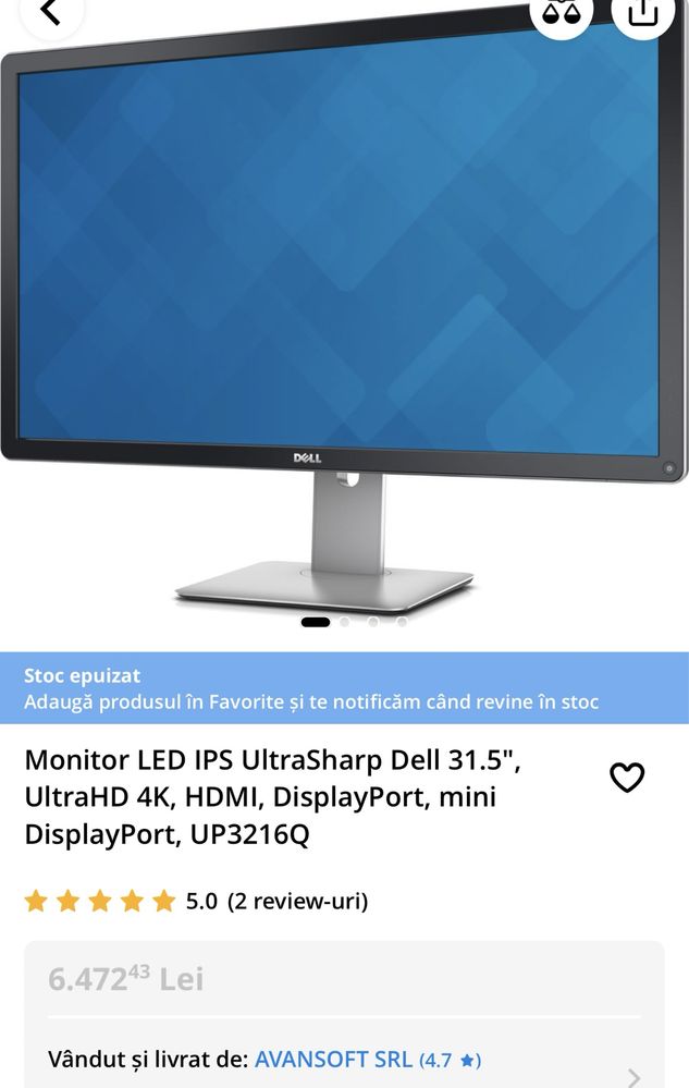 Monitor Dell Profesional 32’ 4K UHD 3216Q x 2 bucati