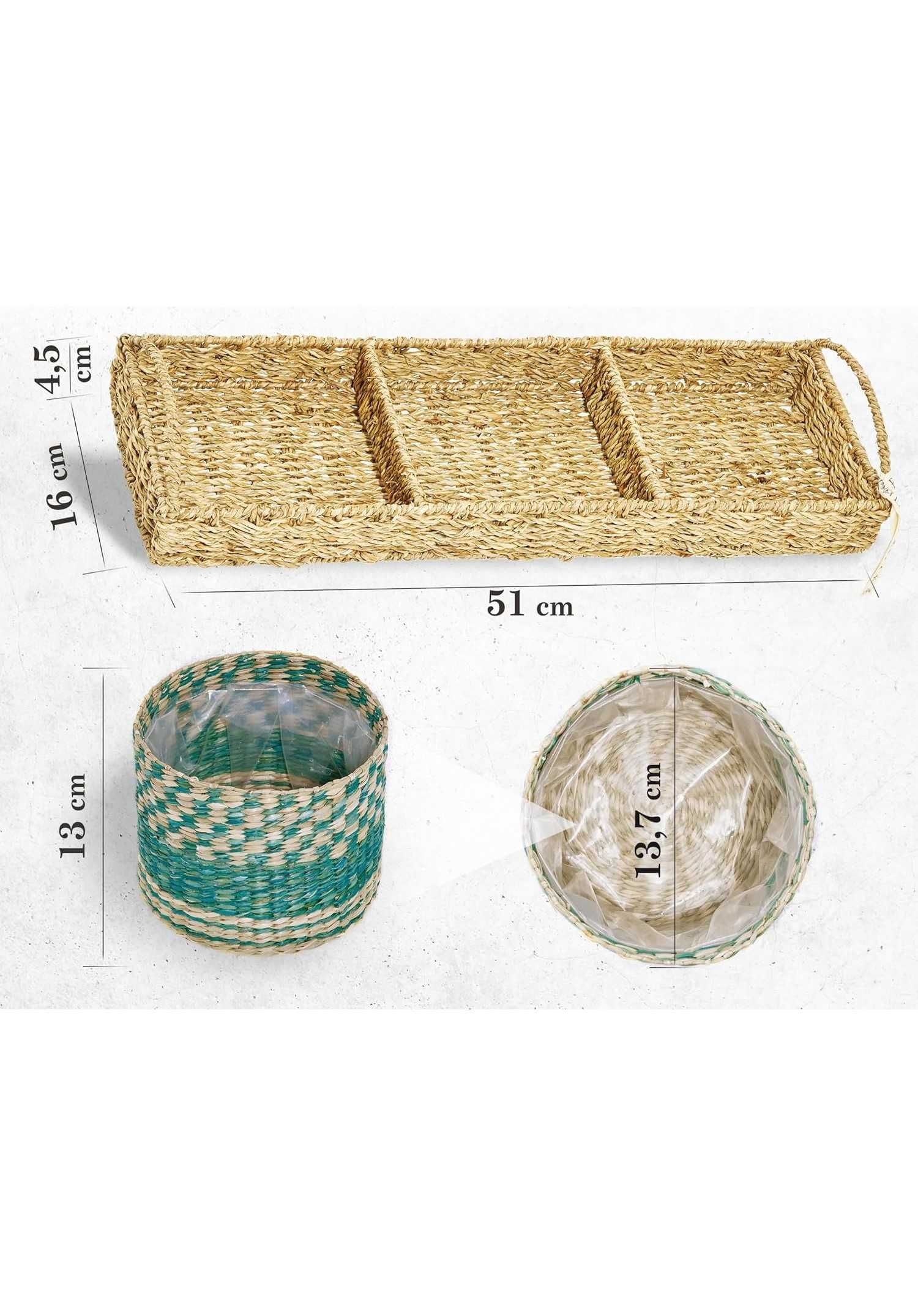 Set 3 ghivece decorative, cu tava, din ratan natural, pentru plante