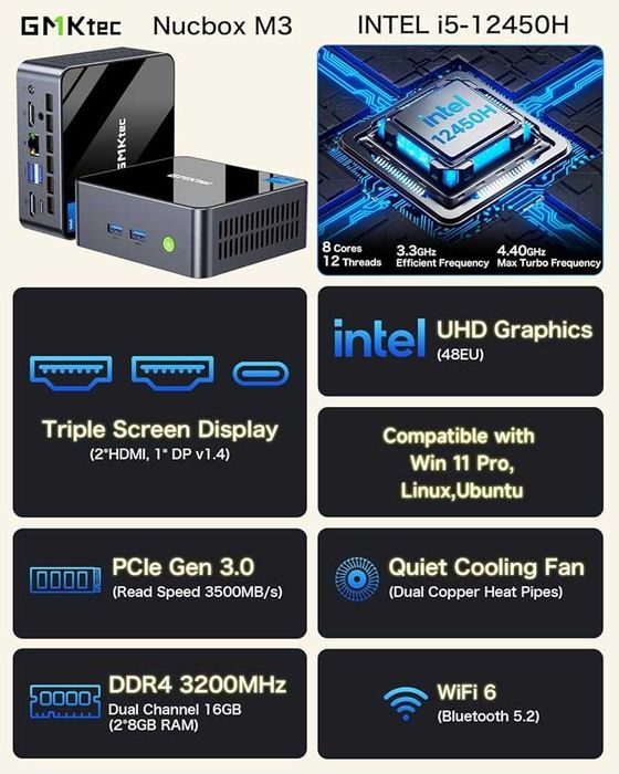 MiNi PC GMKtec NucBox M3 Core i5-12450H ram 16 ssd 256m2