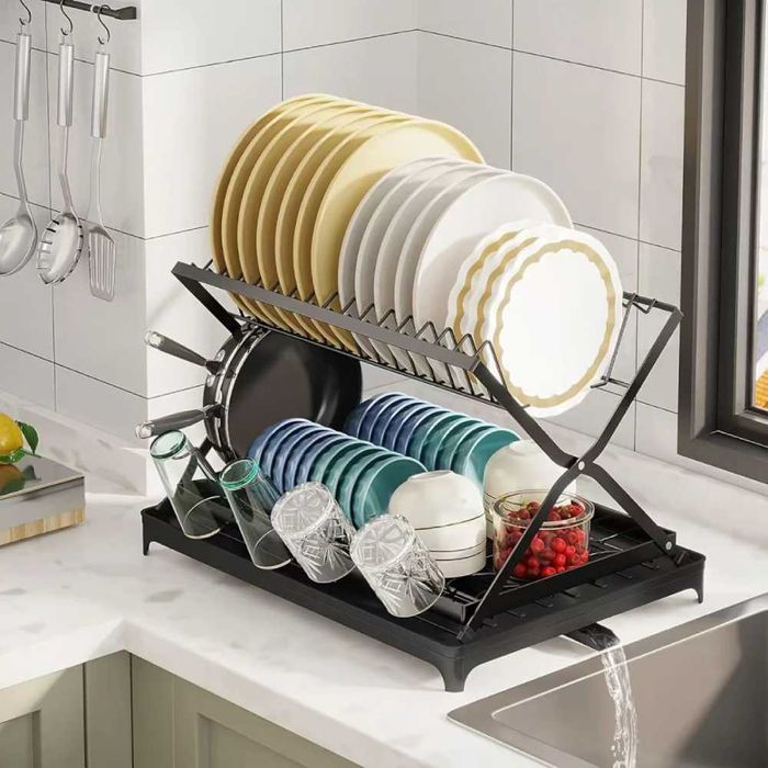 Scurgator vase cu 2 nivele, pliabil, sistem de scurgere, negru