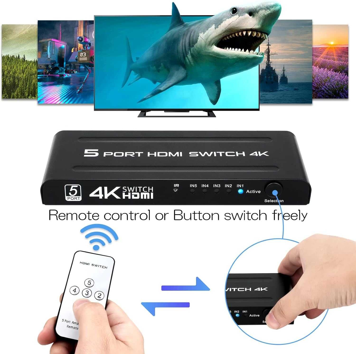 Comutator Switch HDMI 5 IN 1 OUT,4K-30Hz telecomandă comutare automată