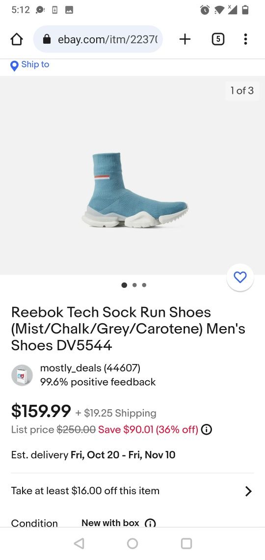Reebok Tech Sock Run 'Mist'  41 номер