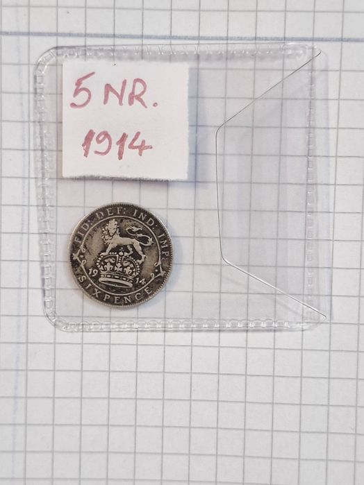 Monedă rară Sixpence 1914 – Regele George V – Argint Sterling 92,5%