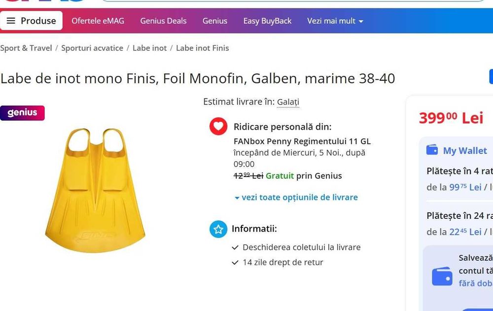 Labe înot - FINIS FOIL MONOFIN, mărimea S = 38 - 40