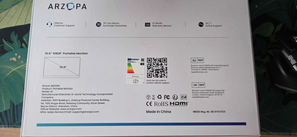 Monitor portabil LED IPS Arzopa A1 Travel 15.6'", Full HD, 60Hz, HDR