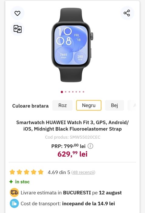 MDM vinde: Smartwatch Huawei Fit 3, Black.
