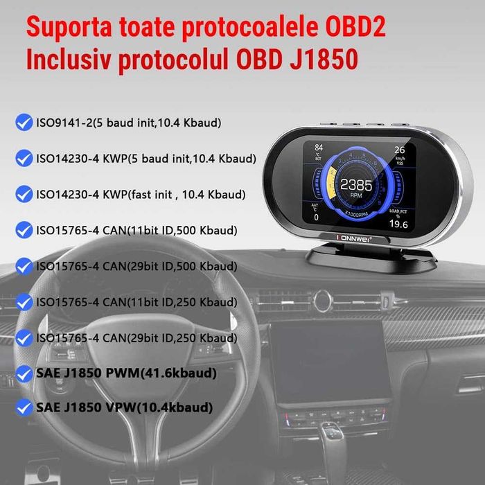 Display HUD LCD Konnwei, OBD2, Ecran 3.2, Afisare si Stergere Erori