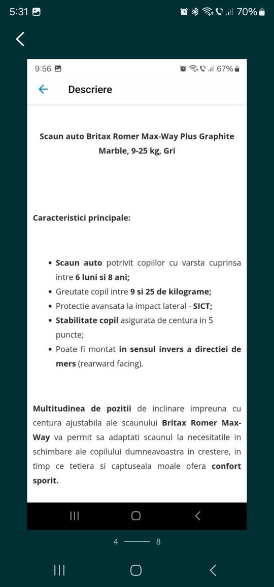 Scaun auto Britax Romer way plus rear facing 9-29 kg, prindere centuri