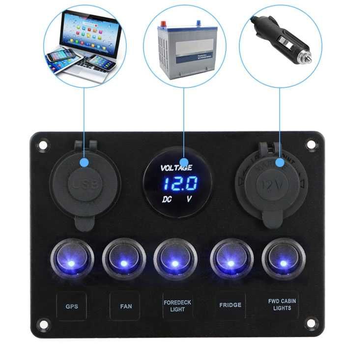 Панел с волтметър, USB, 12V щепсел за запалка, 5 превключвателя, LED