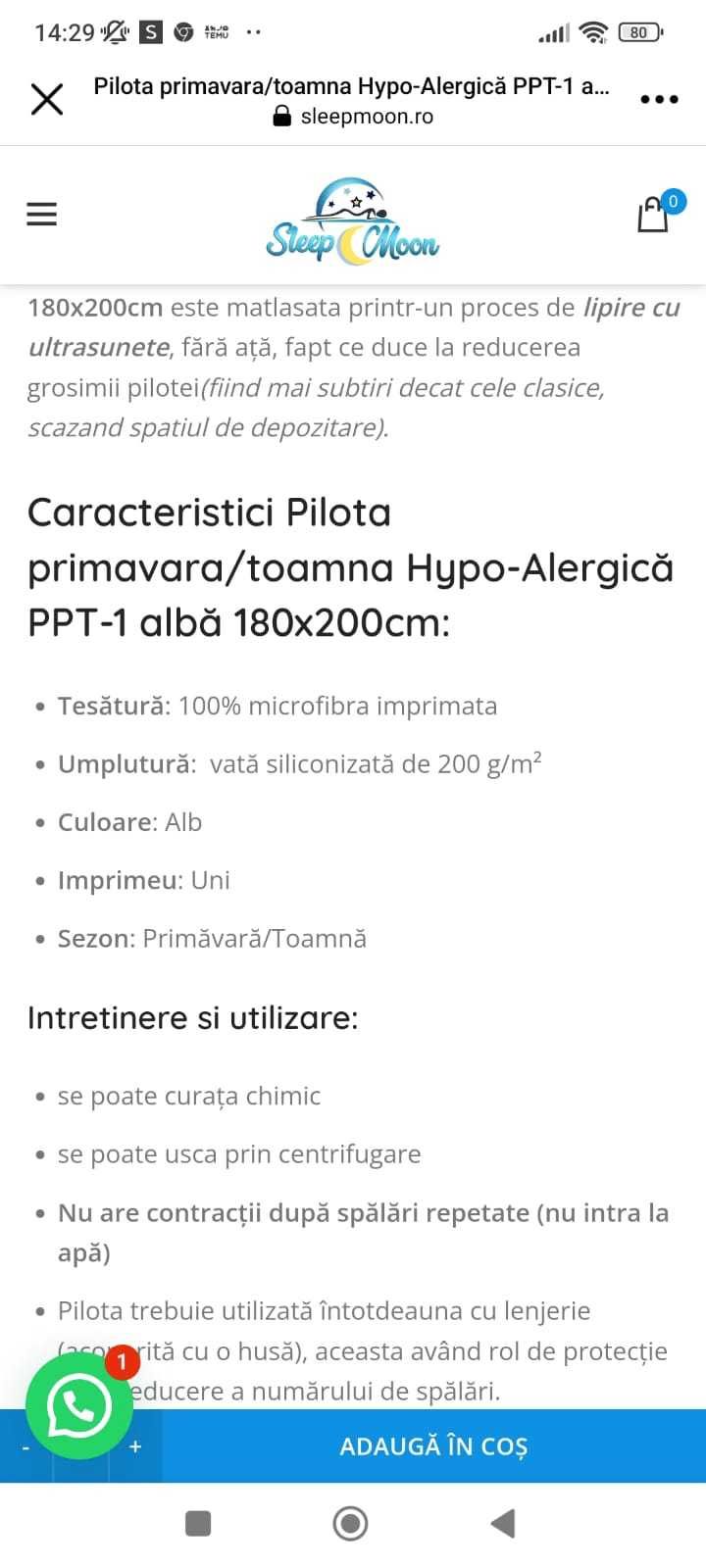 Pilota primavara/toamna Hypo-Alergică PPT-1 albă 180x200cm