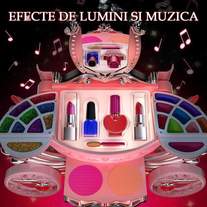 Trusa machiaj copii cu sunete, lumini si oglinda, Roz, Non-Toxic