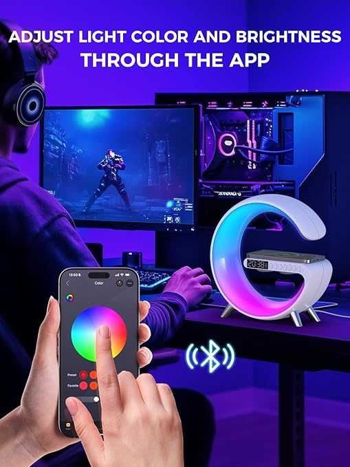 Ceas Lampa LED RGB cu incarcare Wireless, difuzor Bluetooth