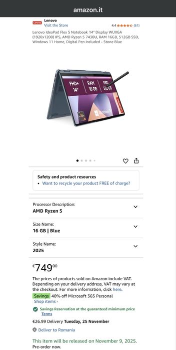 Laptop Lenovo IdeaPad Flex 5 14ABR8 Ryzen 5 7430U 16GB 512GB Touch 14”