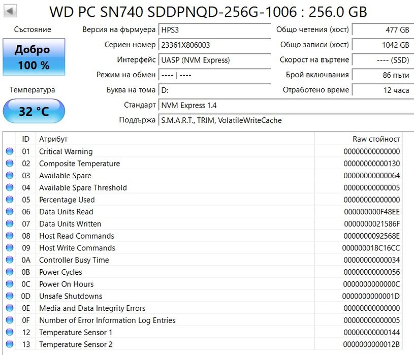 256 GB WD SN740 Nvme SSD PCIe 4x4 m.2 2280