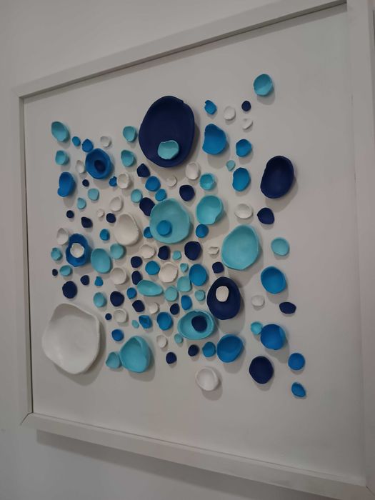 Tablou modern 3D alb-albastru–decor perete, lucrat manual,piesă unicat