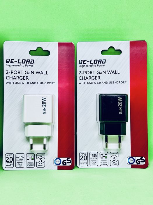 Încarcator rapid RE-LOAD (1 x USB-A 3.0, 1 x USB-C) 20W, NEGRU si ALB