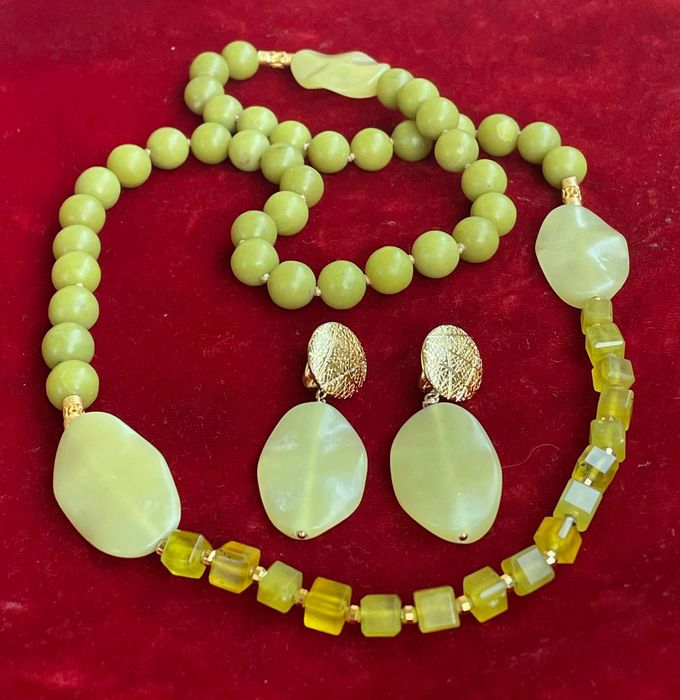 обеци колие, жадеит, позлатено сребро 925