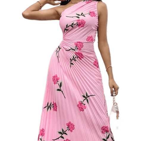 Рокля в розово на цветя, плисе