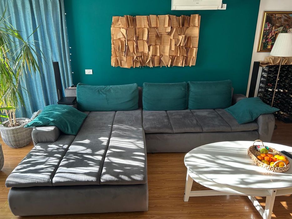 Canapea de colt gri, extensibila 310x210