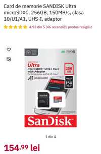 Card de memorie Sandisk Ultra microSDXC,256GB,150 MB/s,A1,cu adaptor