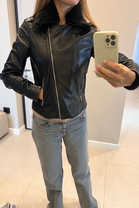 geaca piele Massimo Dutti cu guler de blana naturala