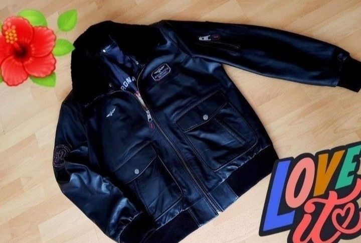 Geaca piele naturala Aeronautica Militare, guler detasabil blanita nat