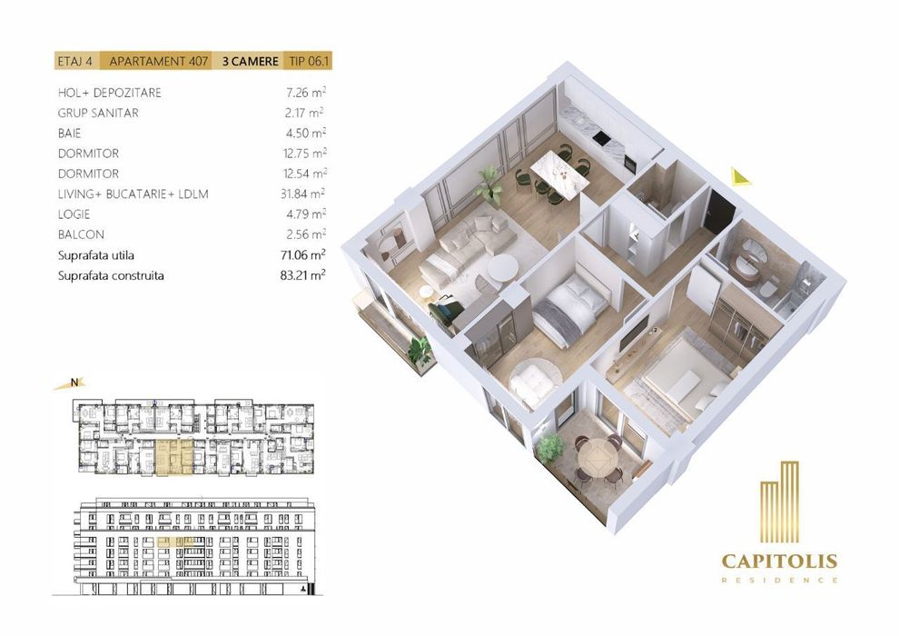 Apartament cu 3 camere, 2 balcoane, Capitolis Residence
