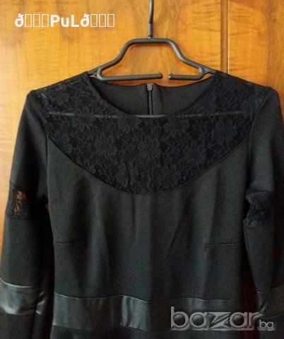 Черна рокля с дълъг ръкав, дантела, кожа