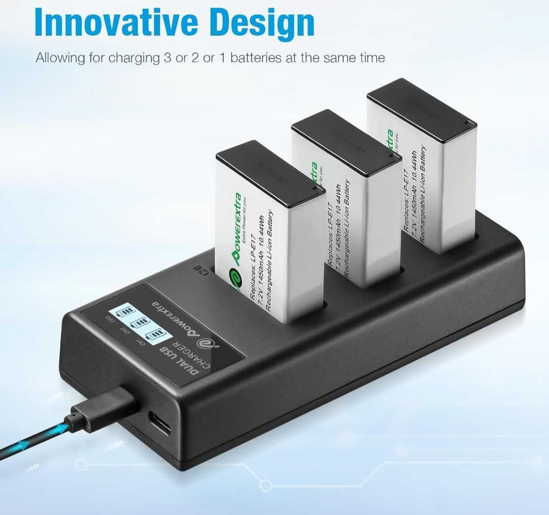 Батерии Powerextra LP-E17 3 бр. 1450mAh със зарядно 3 слота за Canon
