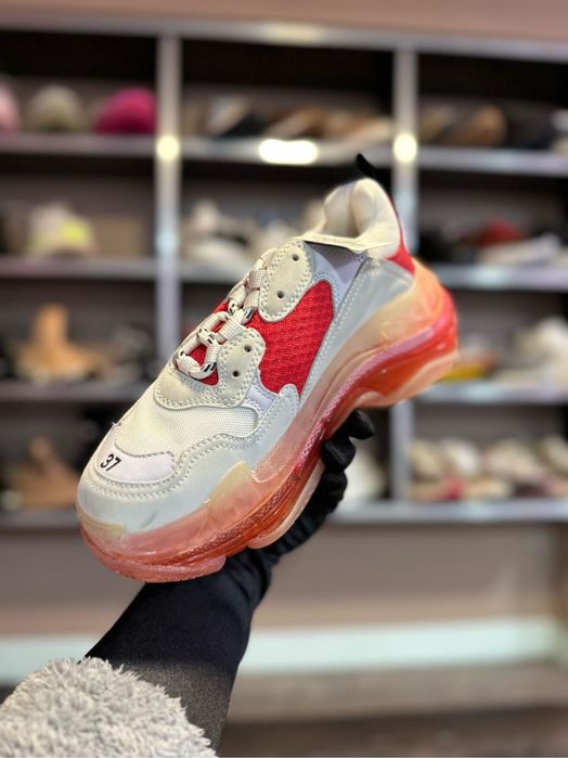 Adidasi Balenciaga Triple S, piele, bej cu rosu, 1/1 marimi 36-40