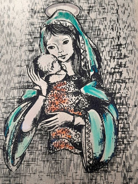 Tablou/pictură pe foiță aur 22K marcat - Madona cu pruncul - 22x20 cm