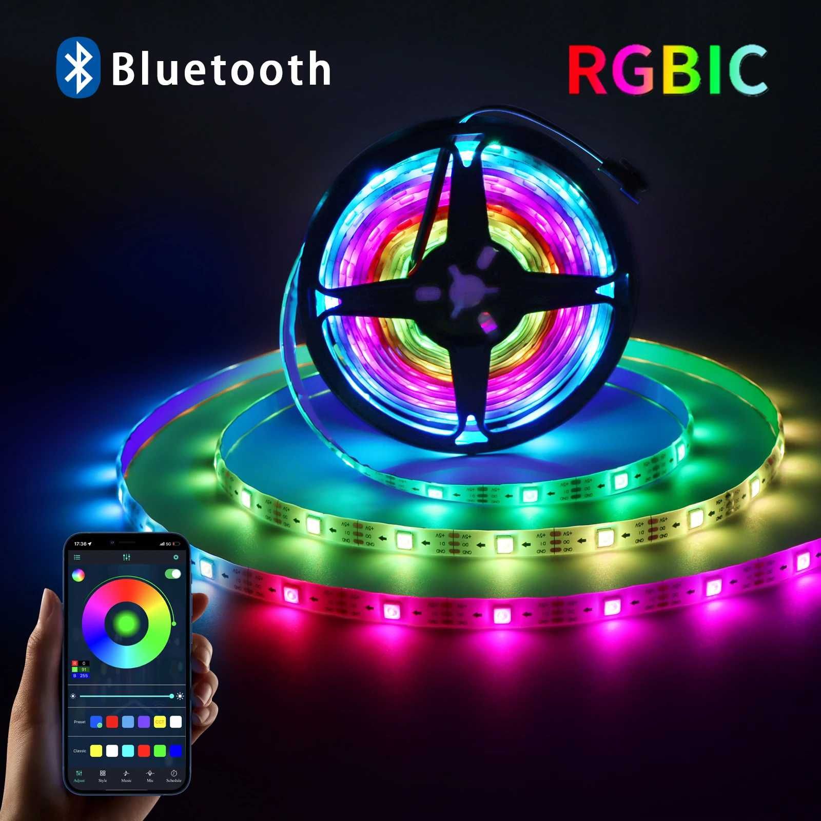 Banda LED RGBIC, 5 metri smart bluetooth, controller, telecomanda