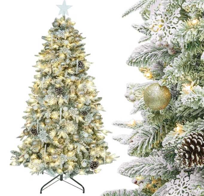 Brad DEWUR 210 cm, cu instalație, conuri, zăpadă și globuri aurii