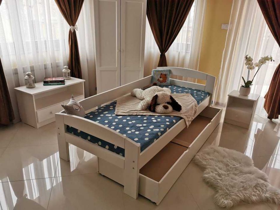 Pat din lemn masiv 90x200 Alb cu protectie si lada de depozitare