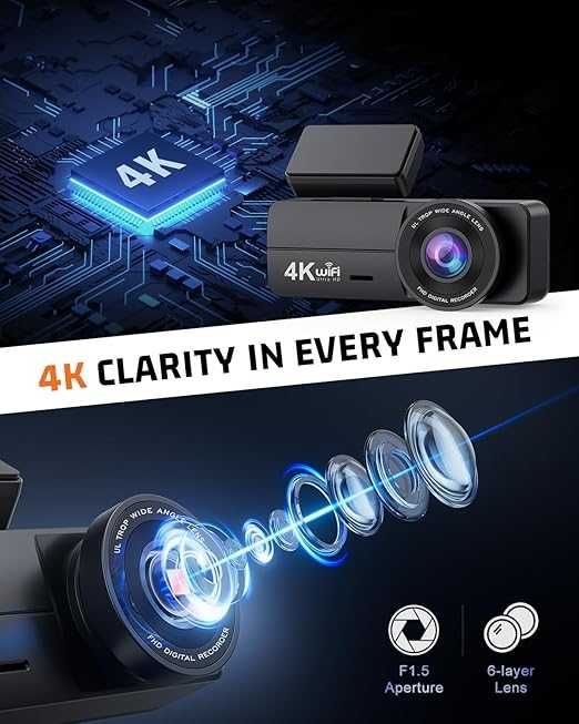 Penemay 4K предна даш, видеорегистраторна камера  с 32GB карта, WiFi