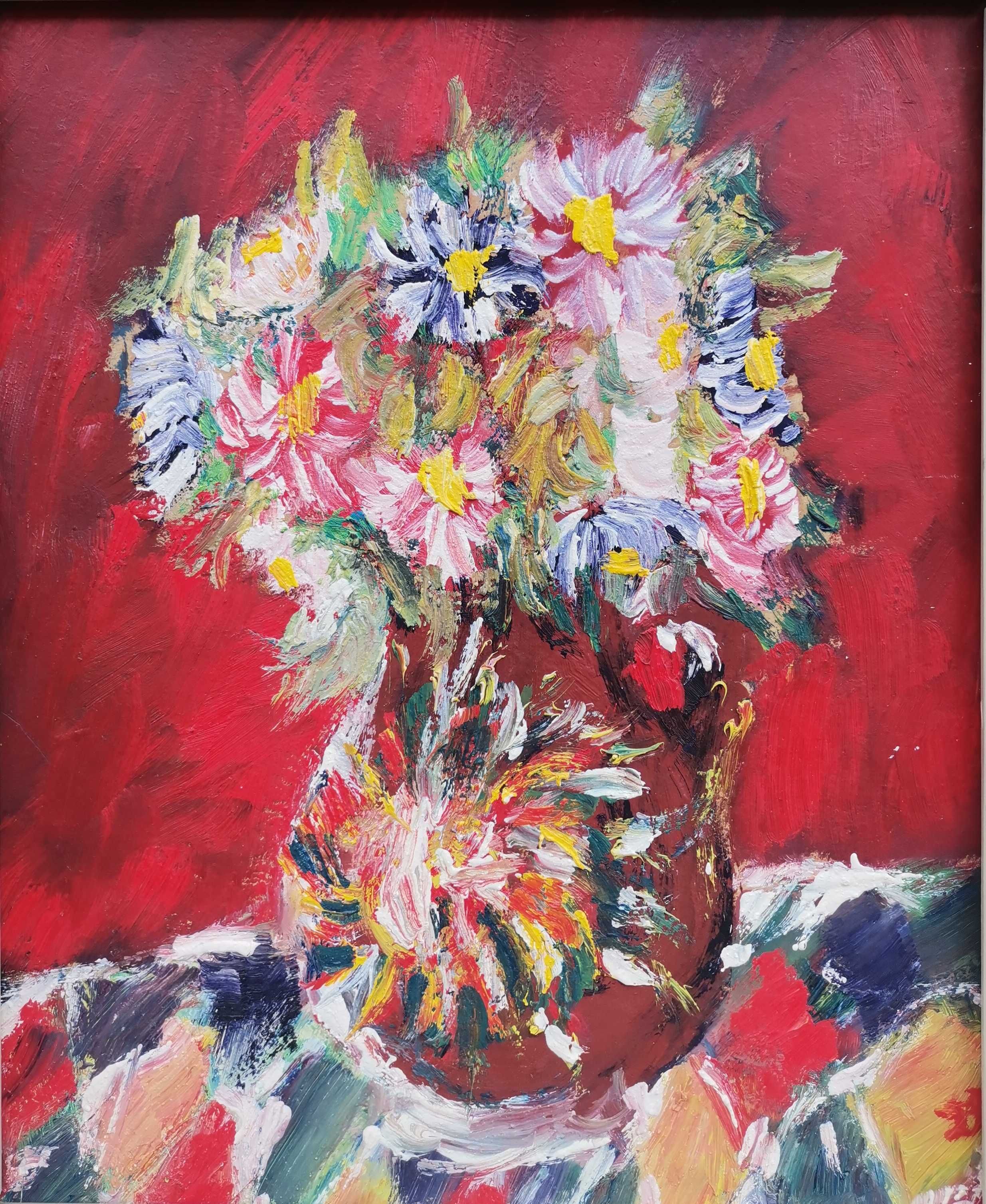 Tablou Natura statica cu Flori Crizanteme pictura ulei inramat 36x42cm