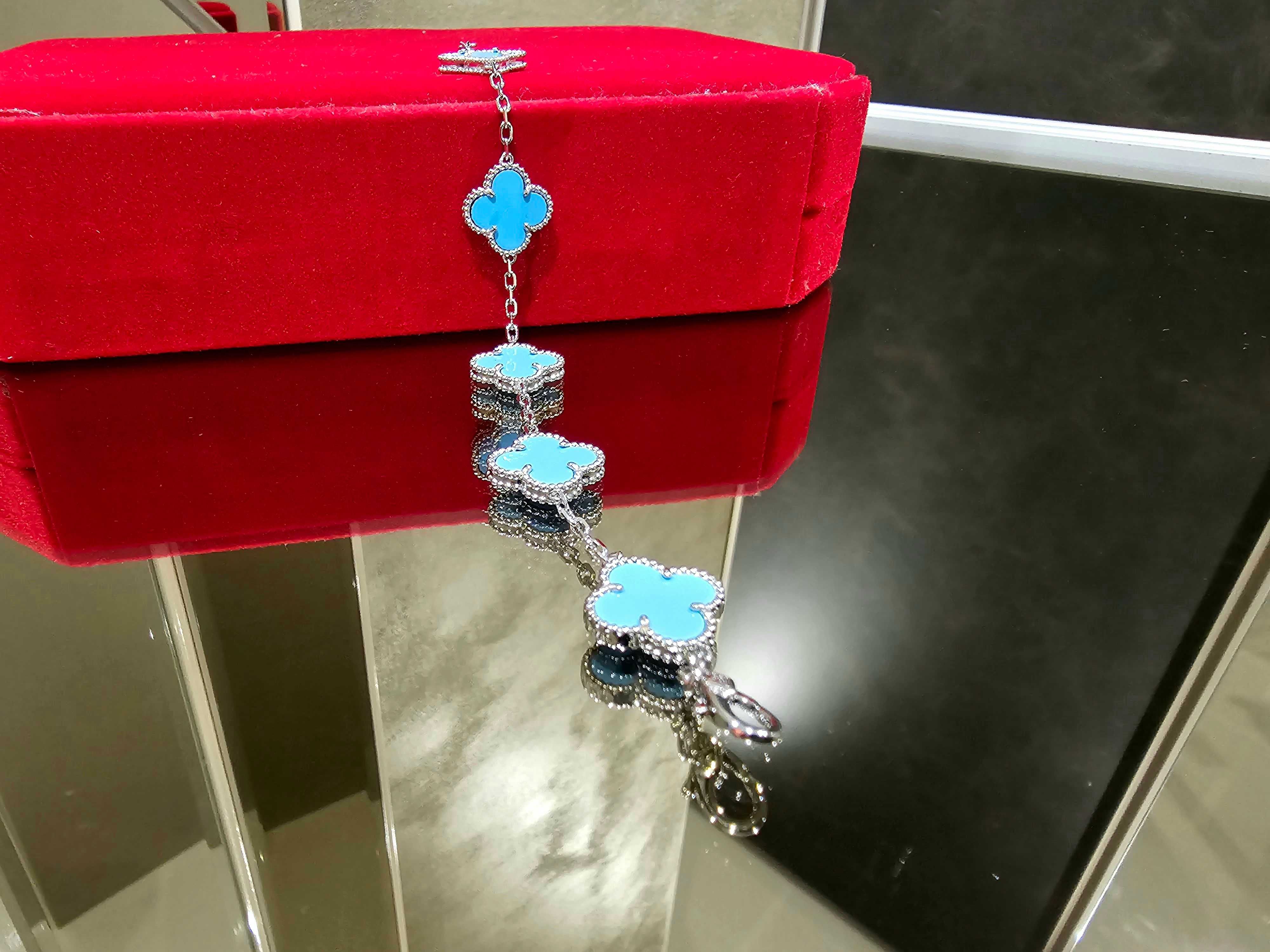 Van Cleef & Arpels VCA Silver Turquoise 5 Motif Alhambra Дамска Гривна