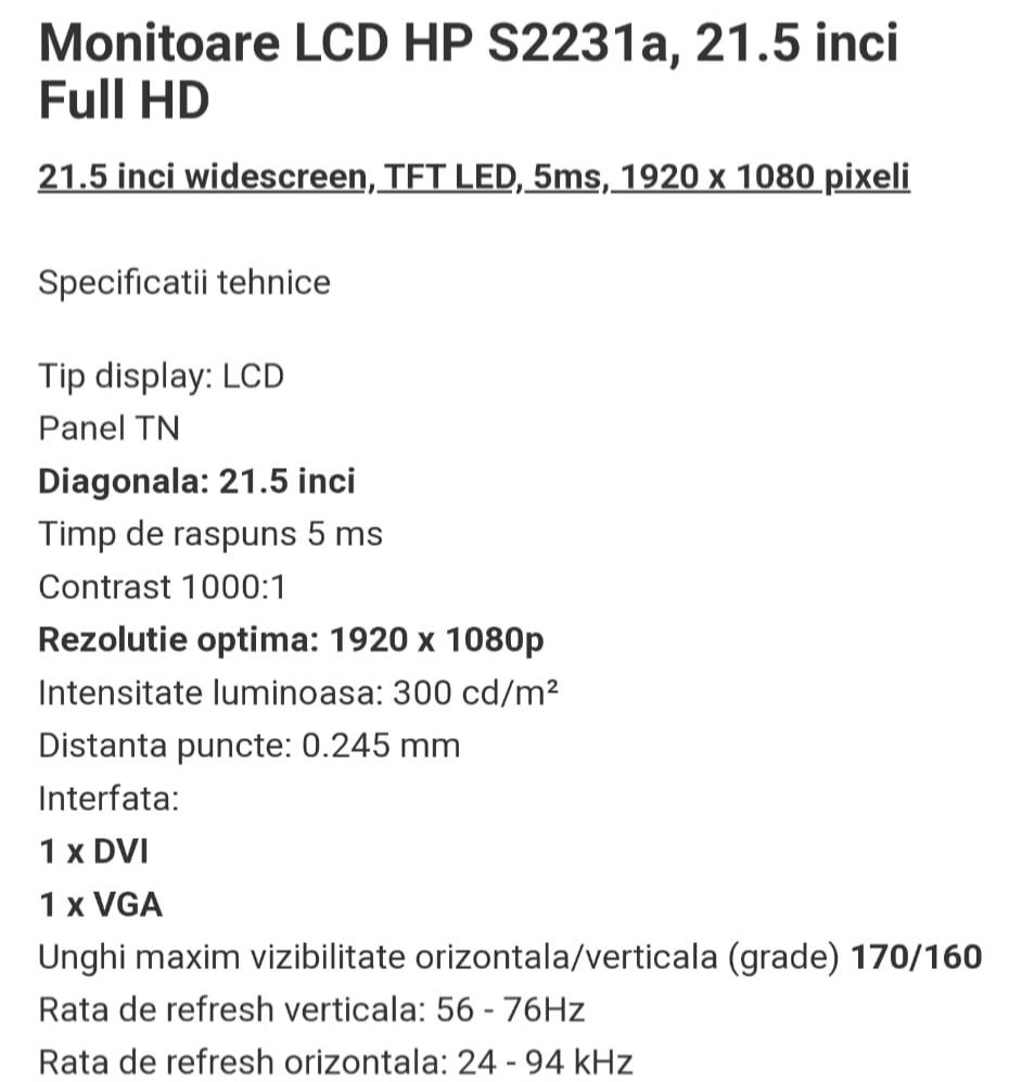 Monitor HP S2231a
21.5 inci Full HD