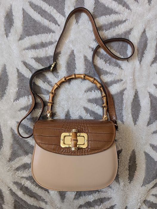 Geanta crossbody piele cu maner bambus si aspect piele de crocodil
